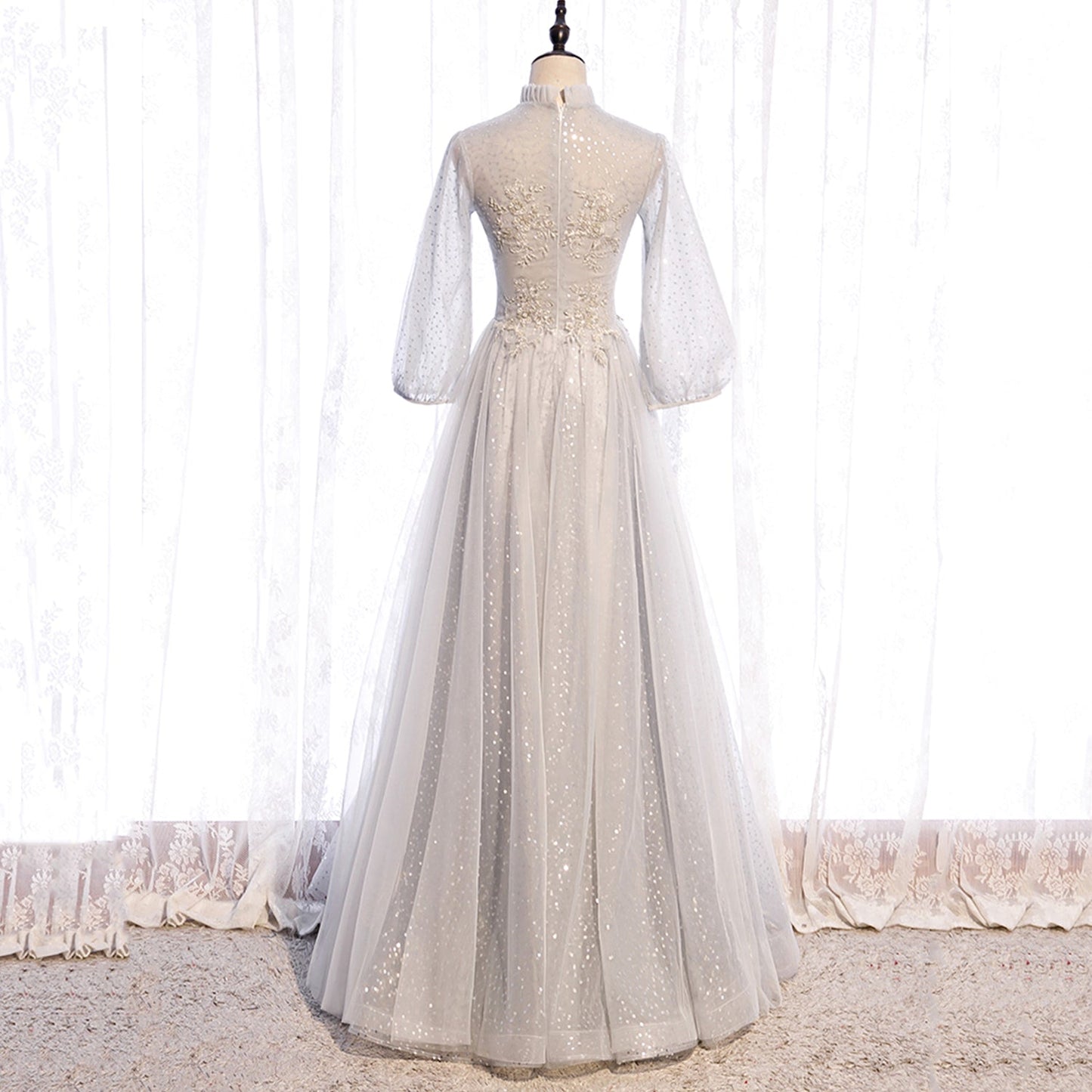 Gray lace sequins long prom gown evening dress 8964