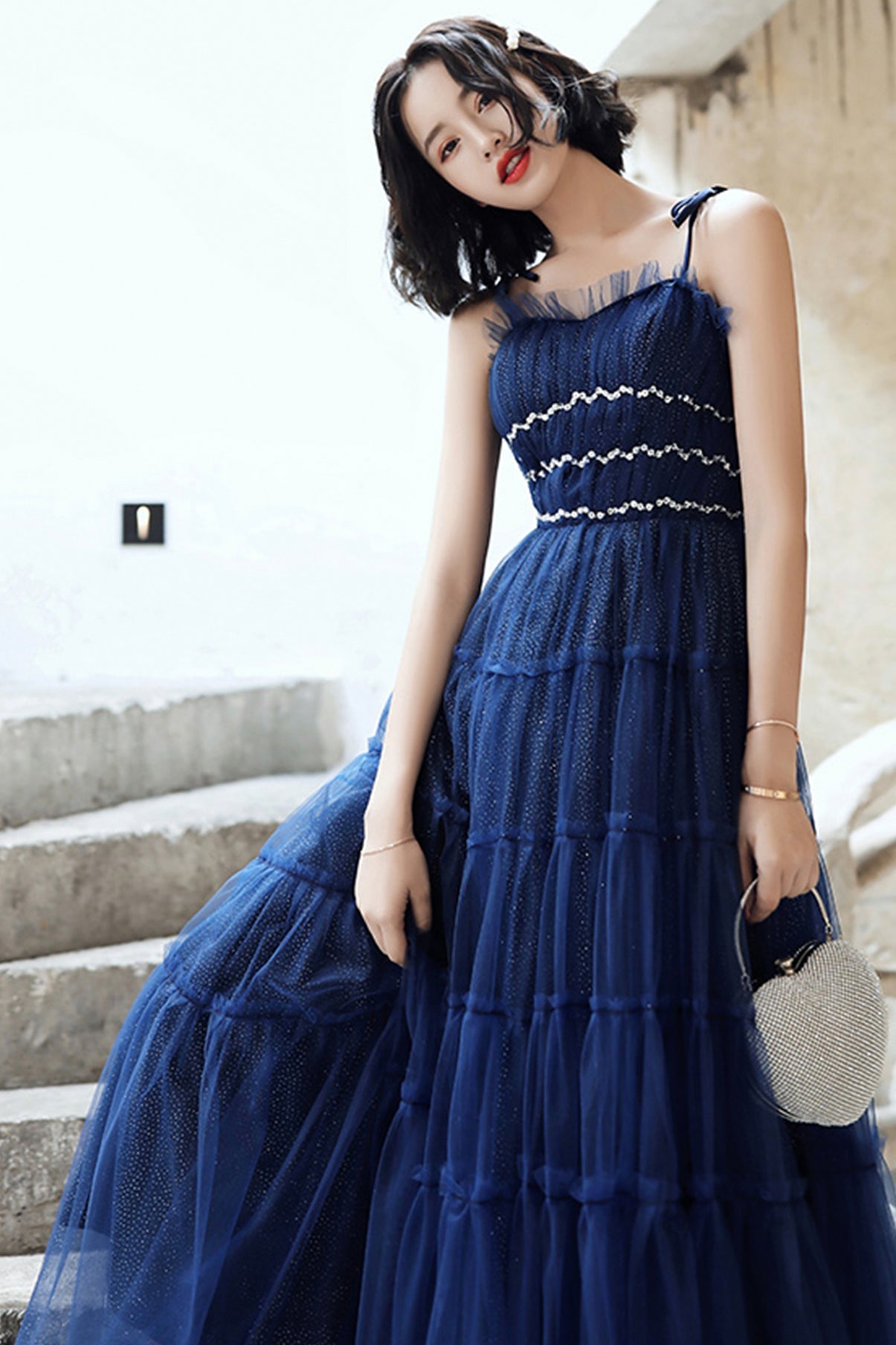Blue tulle long A line prom dress blue evening dress 8741