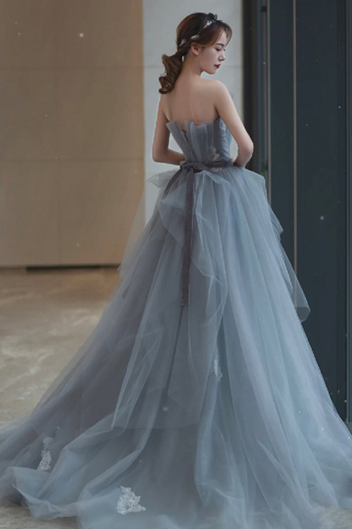 Blue tulle lace long ball gown dress blue evening dress 8766