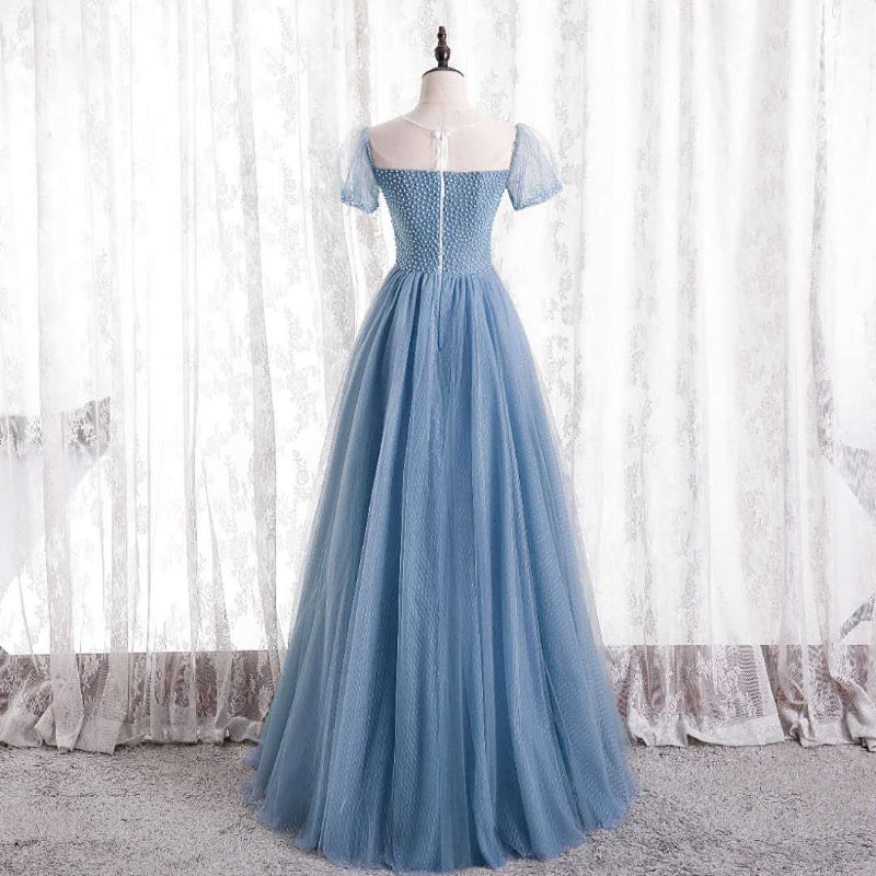 Blue tulle long A line prom dress blue evening dress 8728