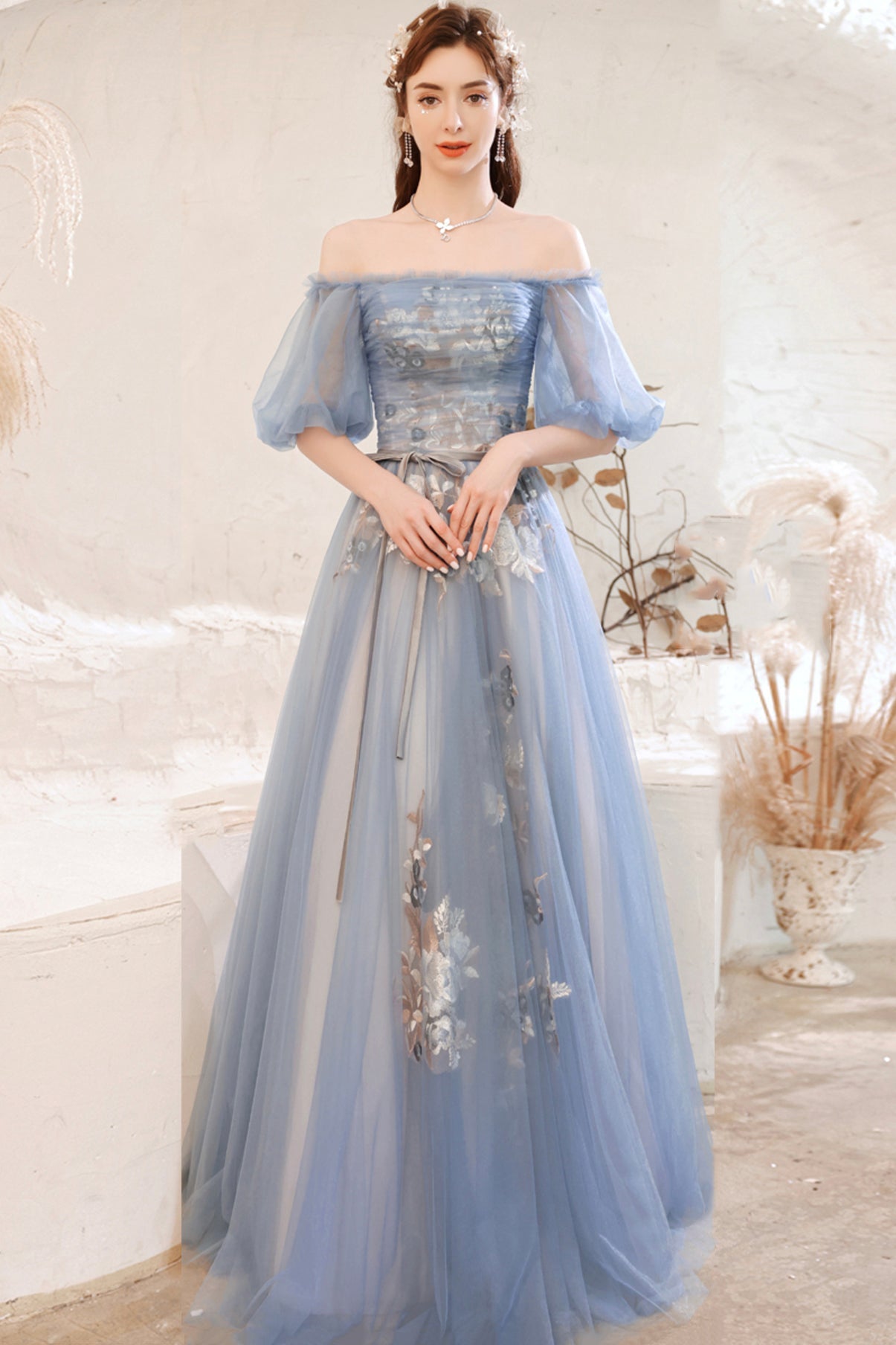 Blue lace long A line prom dress blue evening dress 8751