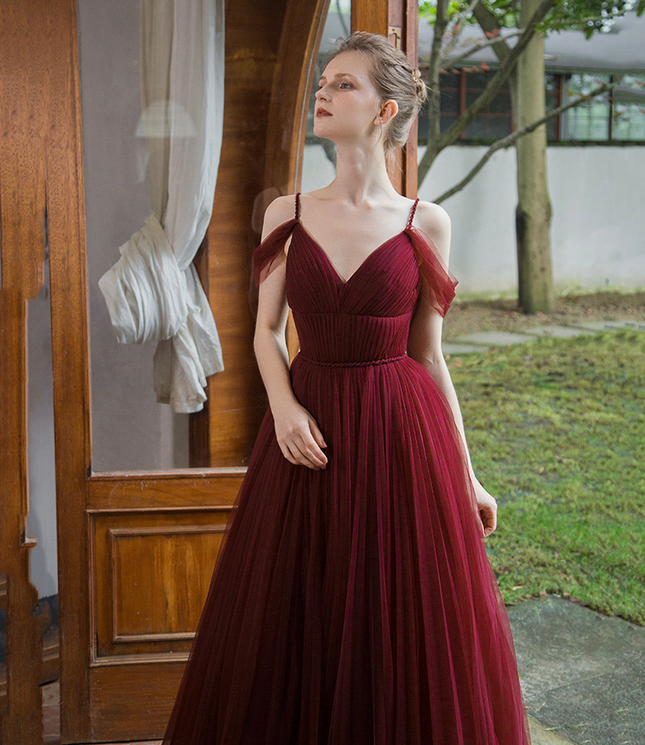 Burgundy tulle long prom dress simple evening gown 8941