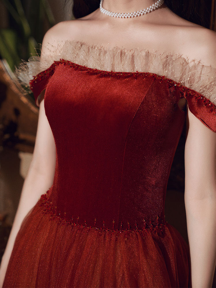 Burgundy velvet tulle long prom dress evening dress 8382