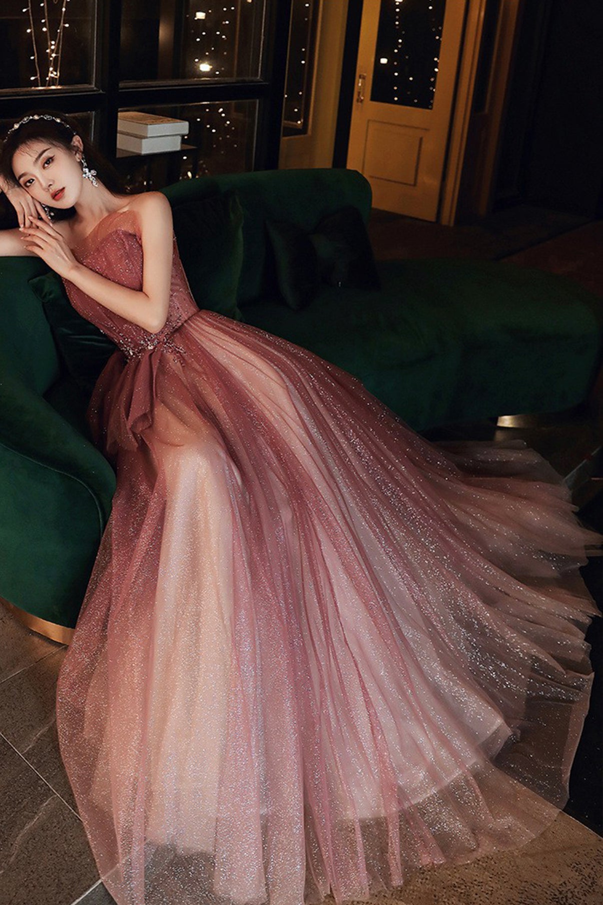 Shiny tulle sequins long prom dress A line evening dress 8580