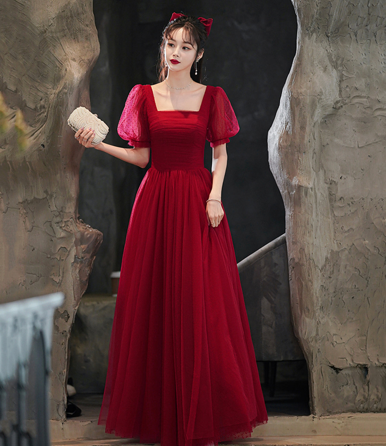 Burgundy tulle long A line prom dress evening dress 8843