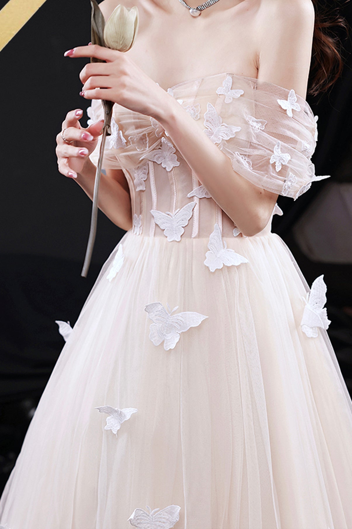 Champagne tulle long A line prom dress evening dress 8716