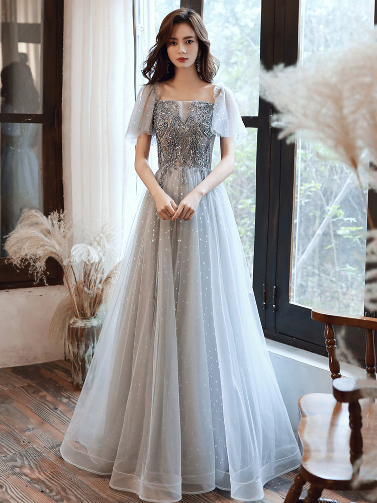 Gray tulle beads prom dress evening dress 8378