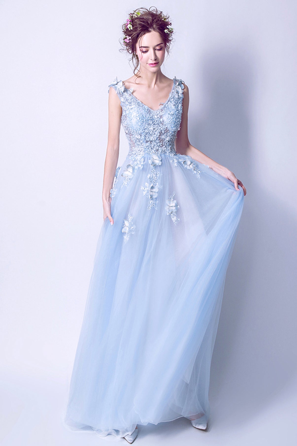 Blue tulle lace long A line prom dress blue evening dress 8753