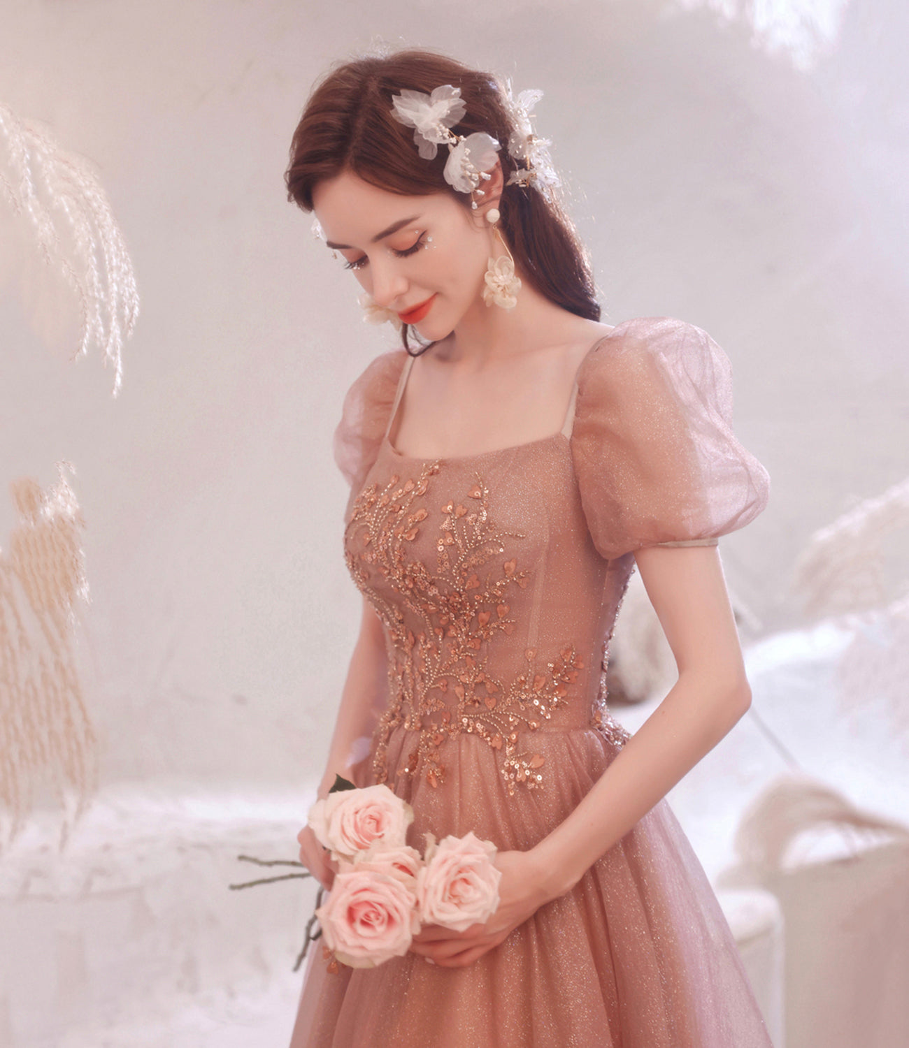 Pink tulle sequins long A line prom dress evening dress 8796