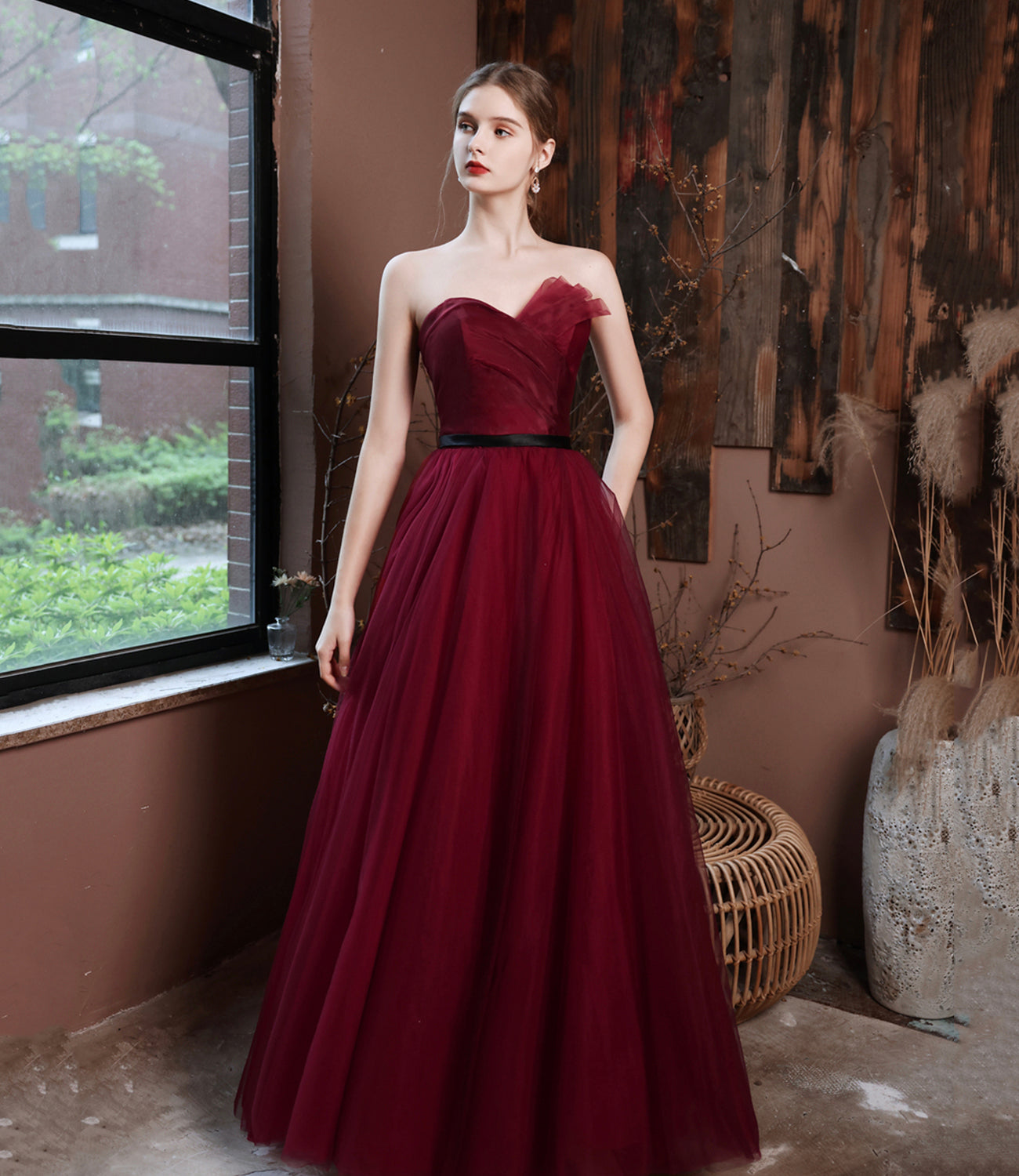 Burgundy off shoulder long A line prom dress evening dress 8797