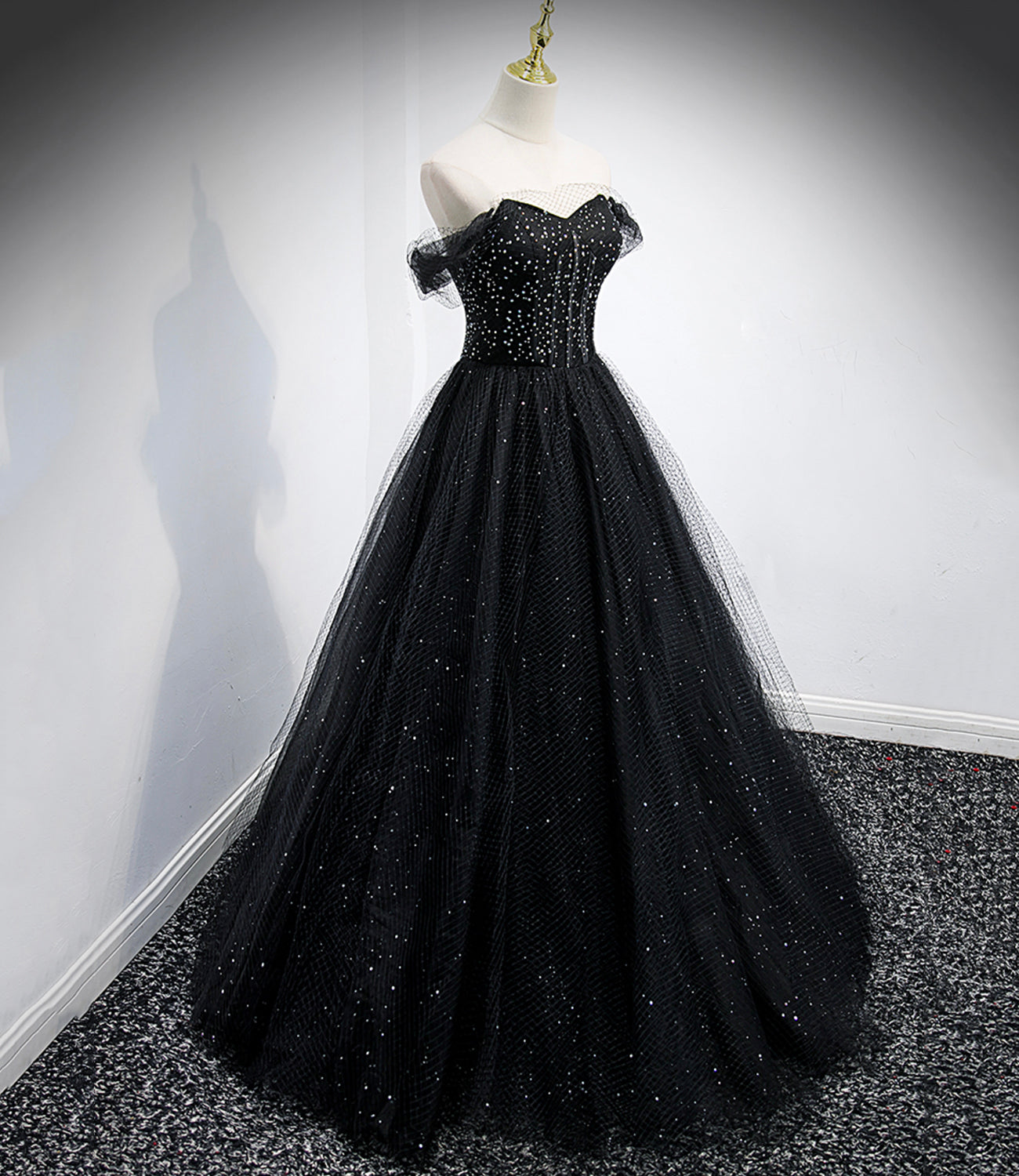 Black tulle long A line prom dress black evening dress 8863