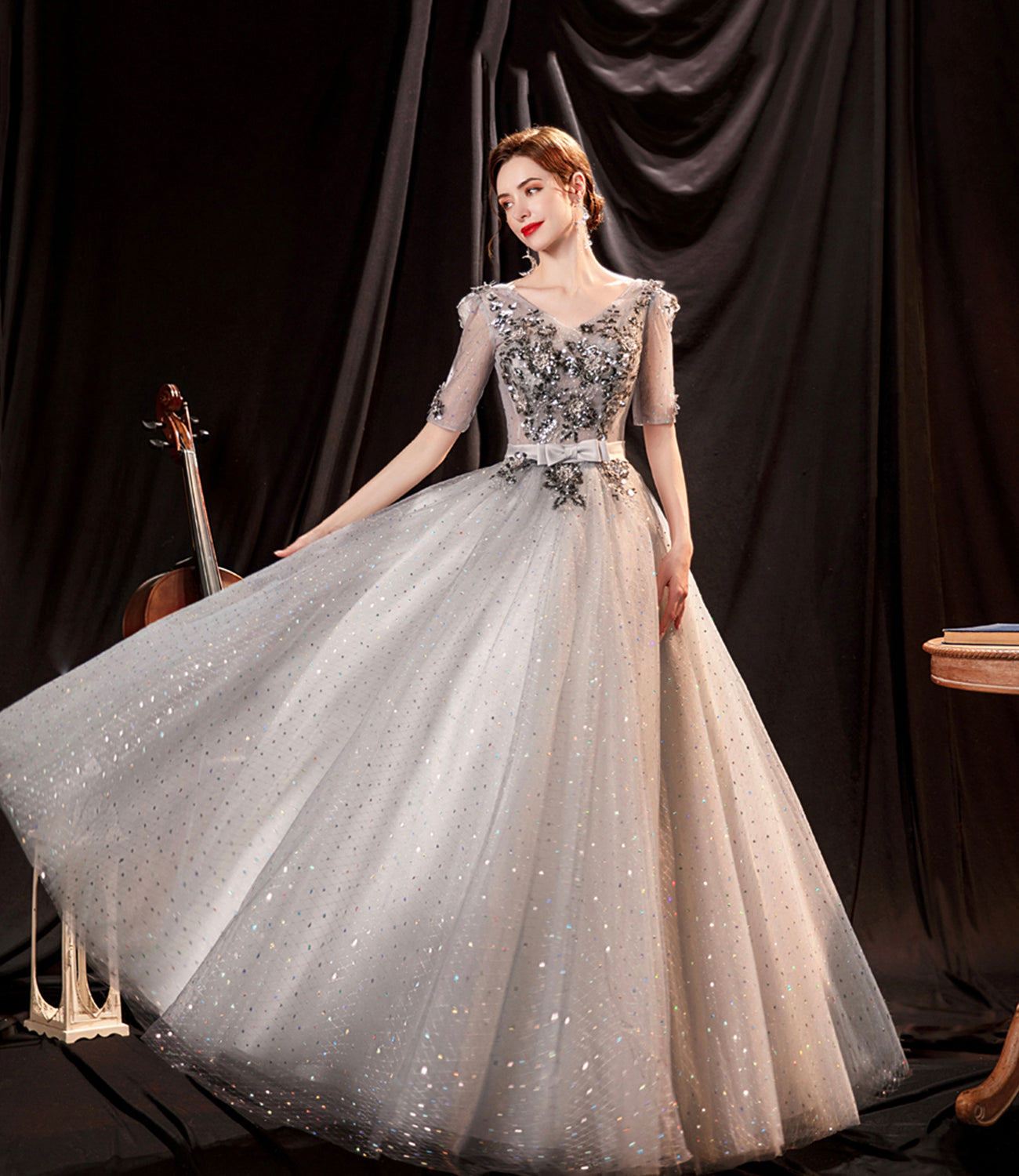 Gray tulle sequins long prom dress A line evening dress 8996