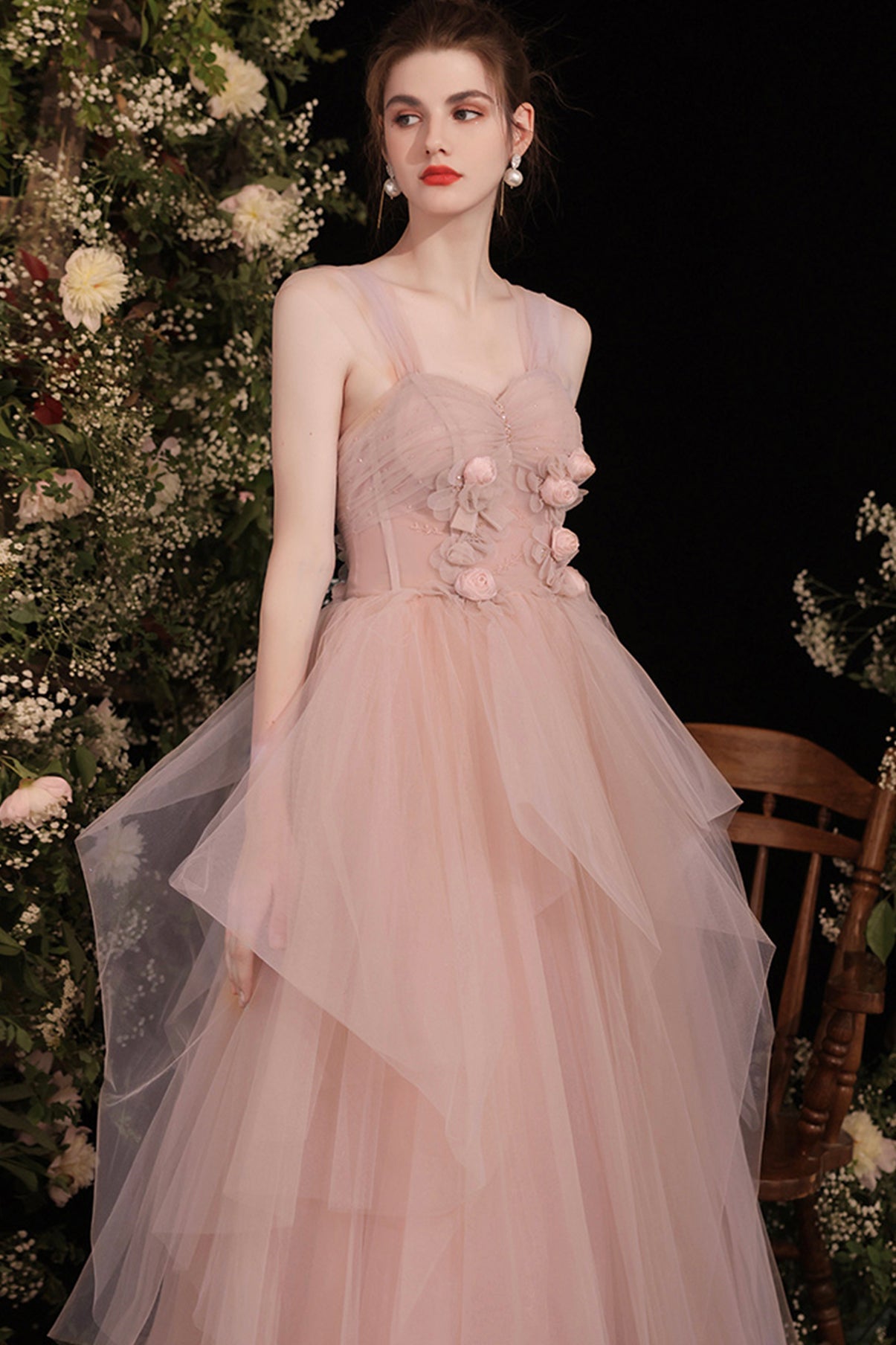 Pink tulle long A line prom dress pink evening dress 8732
