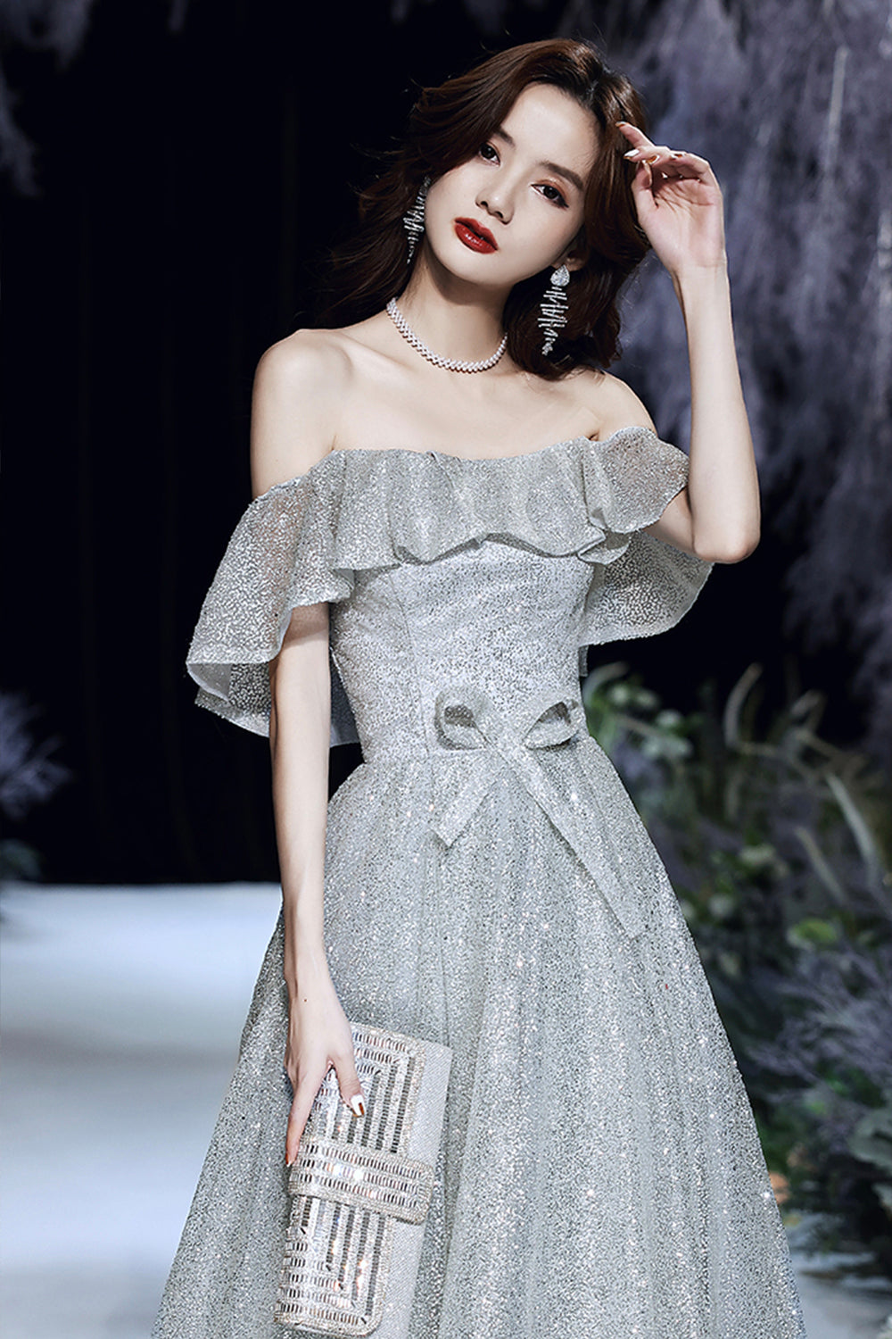 Silver sequins long prom dress shiny evening dress 8509