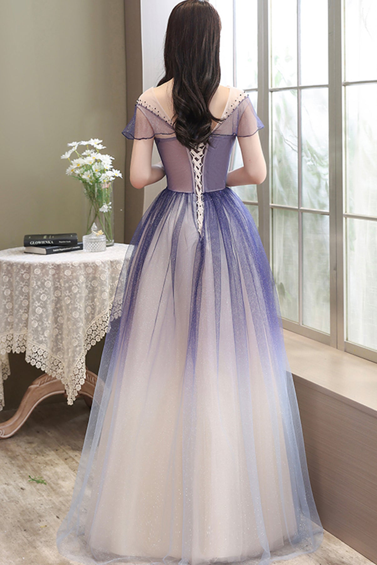 Cute tulle long A line prom dress cute evening dress 8666