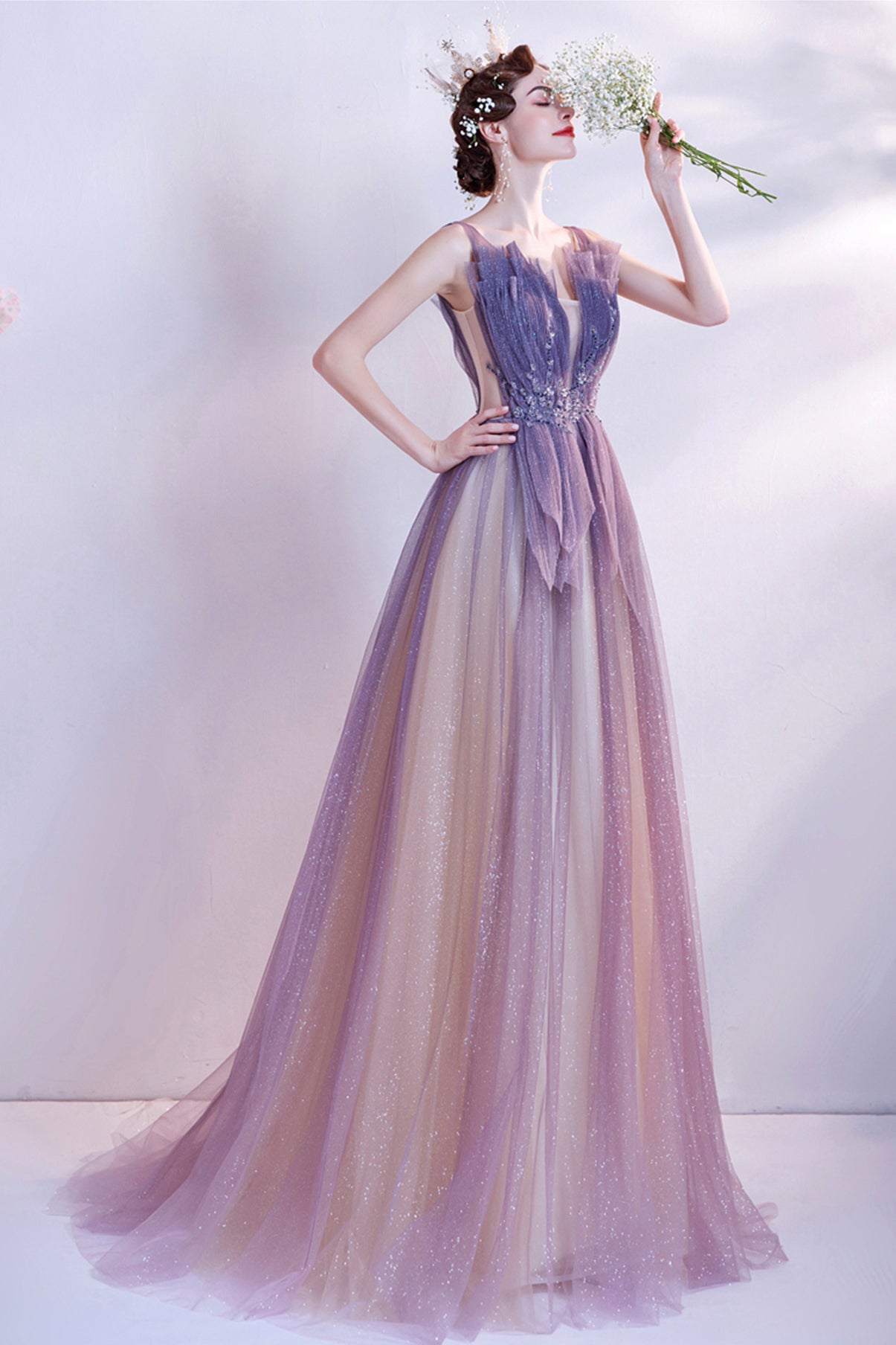 Purple tulle long A line prom dress evening dress 8748