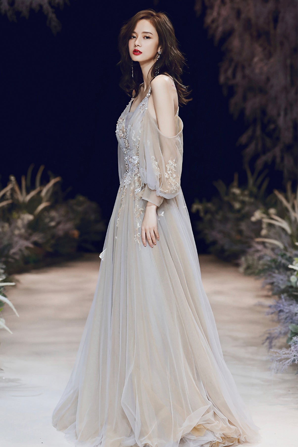 Cute tulle lace long A line prom dress evening dress 8736