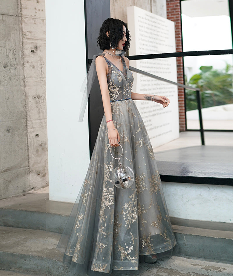 Gray Fashion Elegant V-neck Sequined Long Tulle Ball Gown Evening Dress Ball Gown 8490