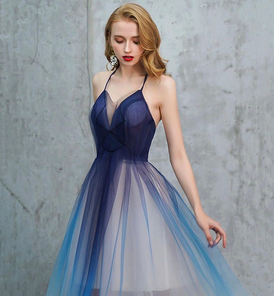 Blue v neck tulle long prom dress blue evening dress 8443