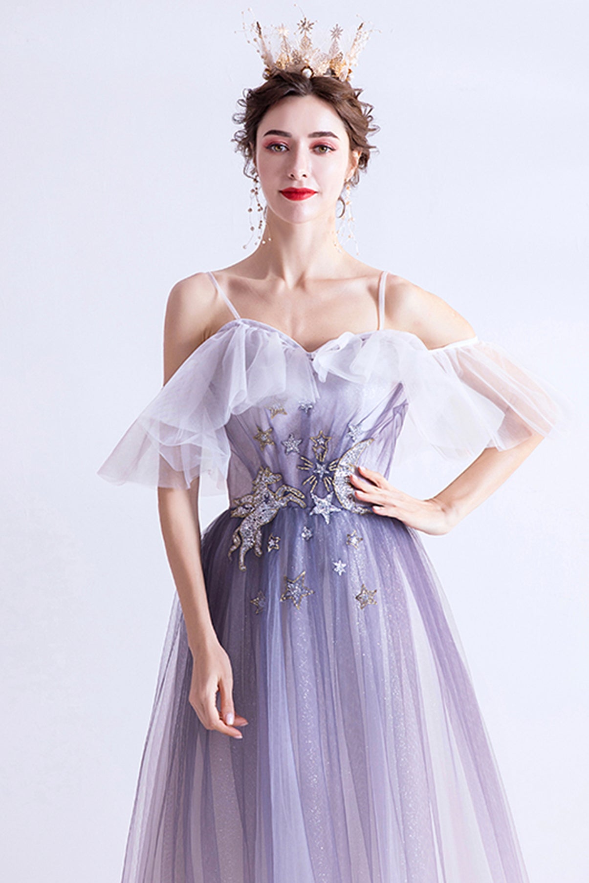 Purple tulle long A line prom dress evening dress 8769