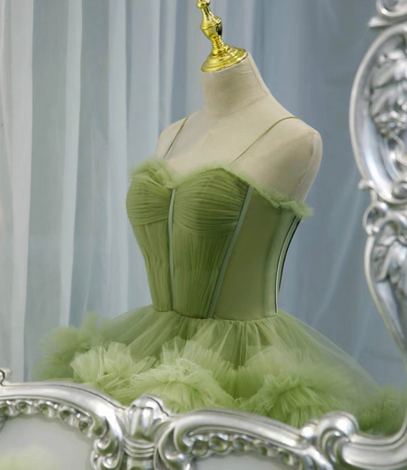 Green tulle long A line prom dress green evening dress 8836