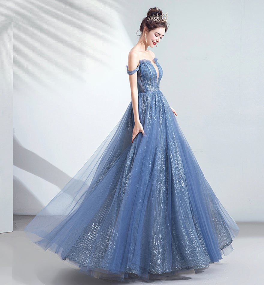 Blue tulle sequins long prom dress evening dress 8433