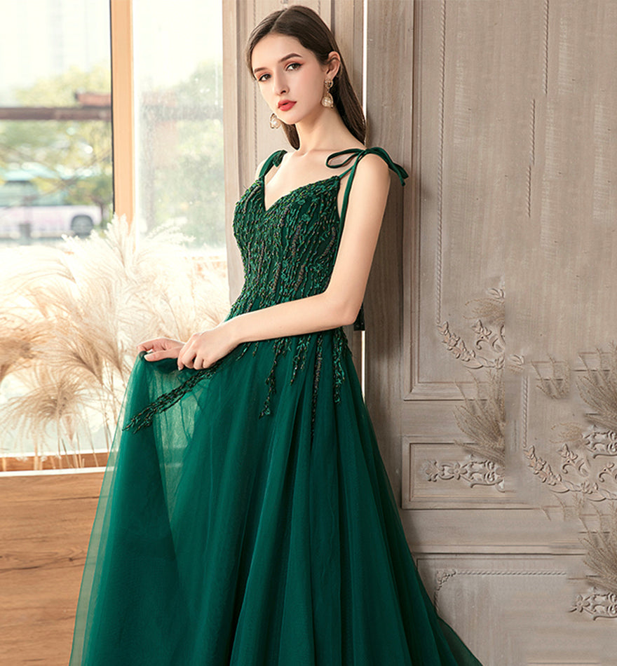Green tulle lace long prom dress evening dress 8458
