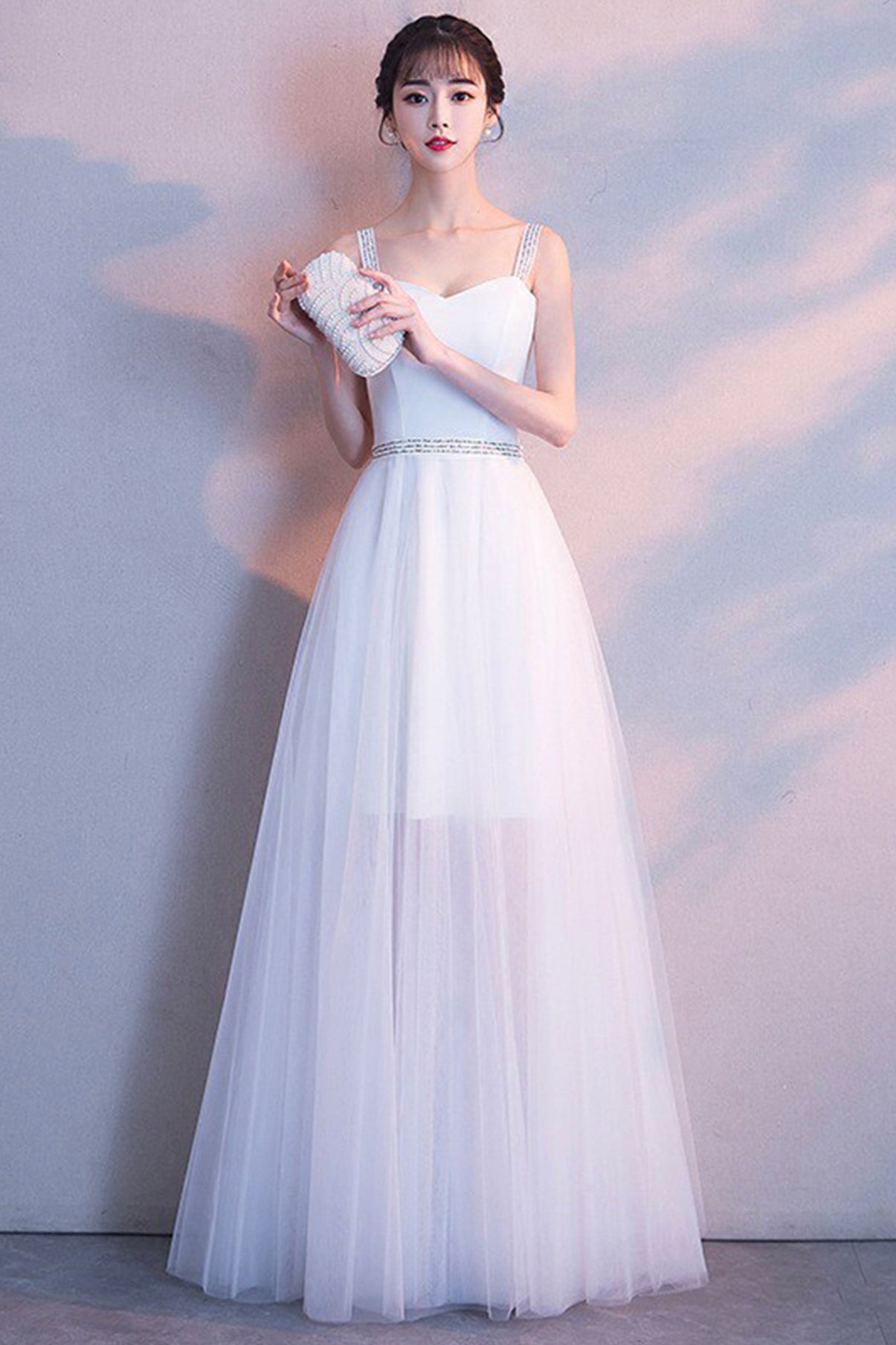 White tulle long A line prom dress white evening dress 8669