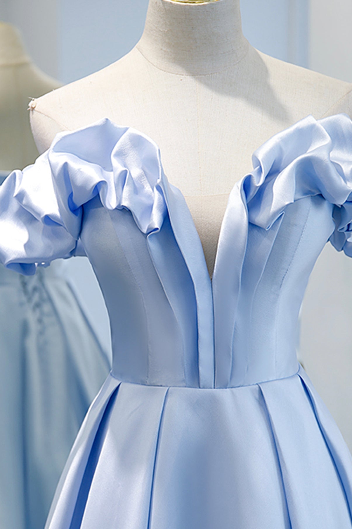 Blue satin long A line prom dress blue evening dress 8746