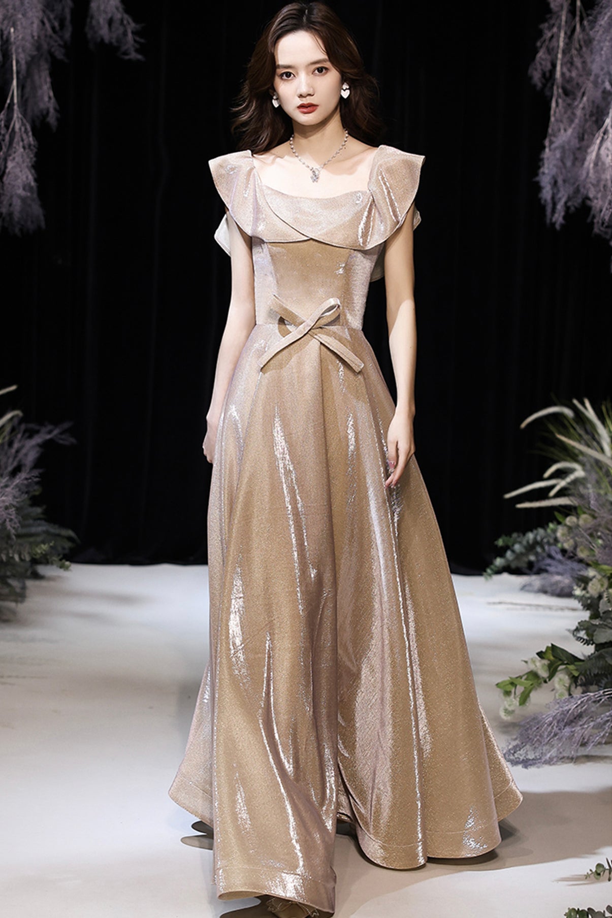 Shiny satin long A line prom dress party dress 8752