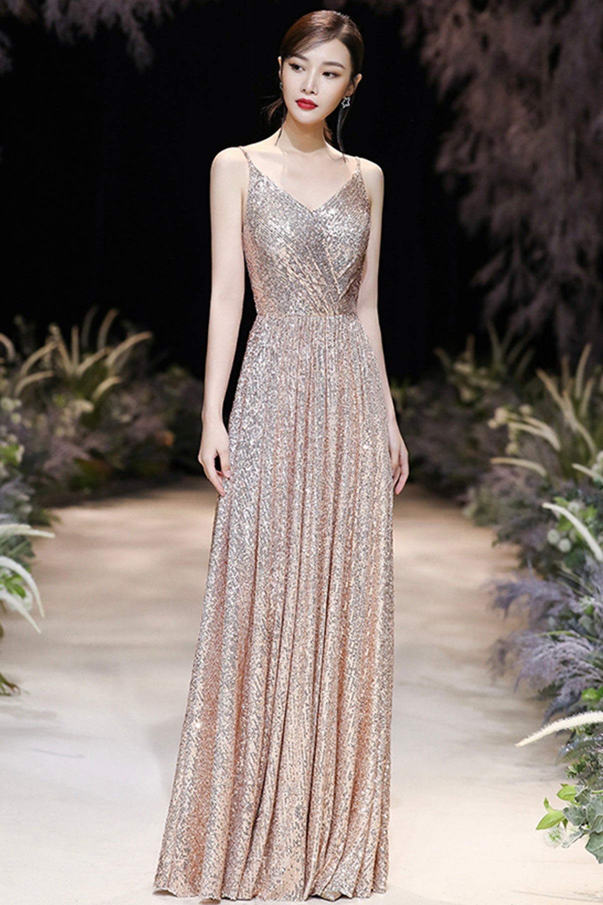 Champagne sequins long A line prom dress evening dress 8783