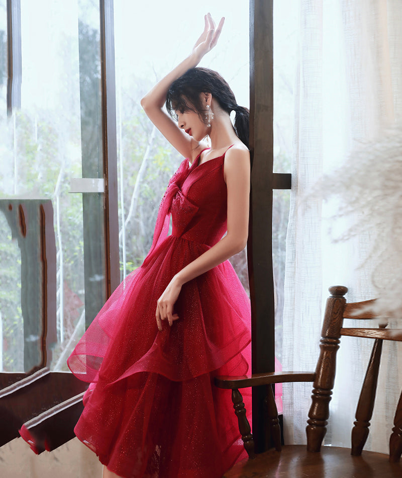Burgundy v neck tulle sequins prom dress homecoming dress 8408