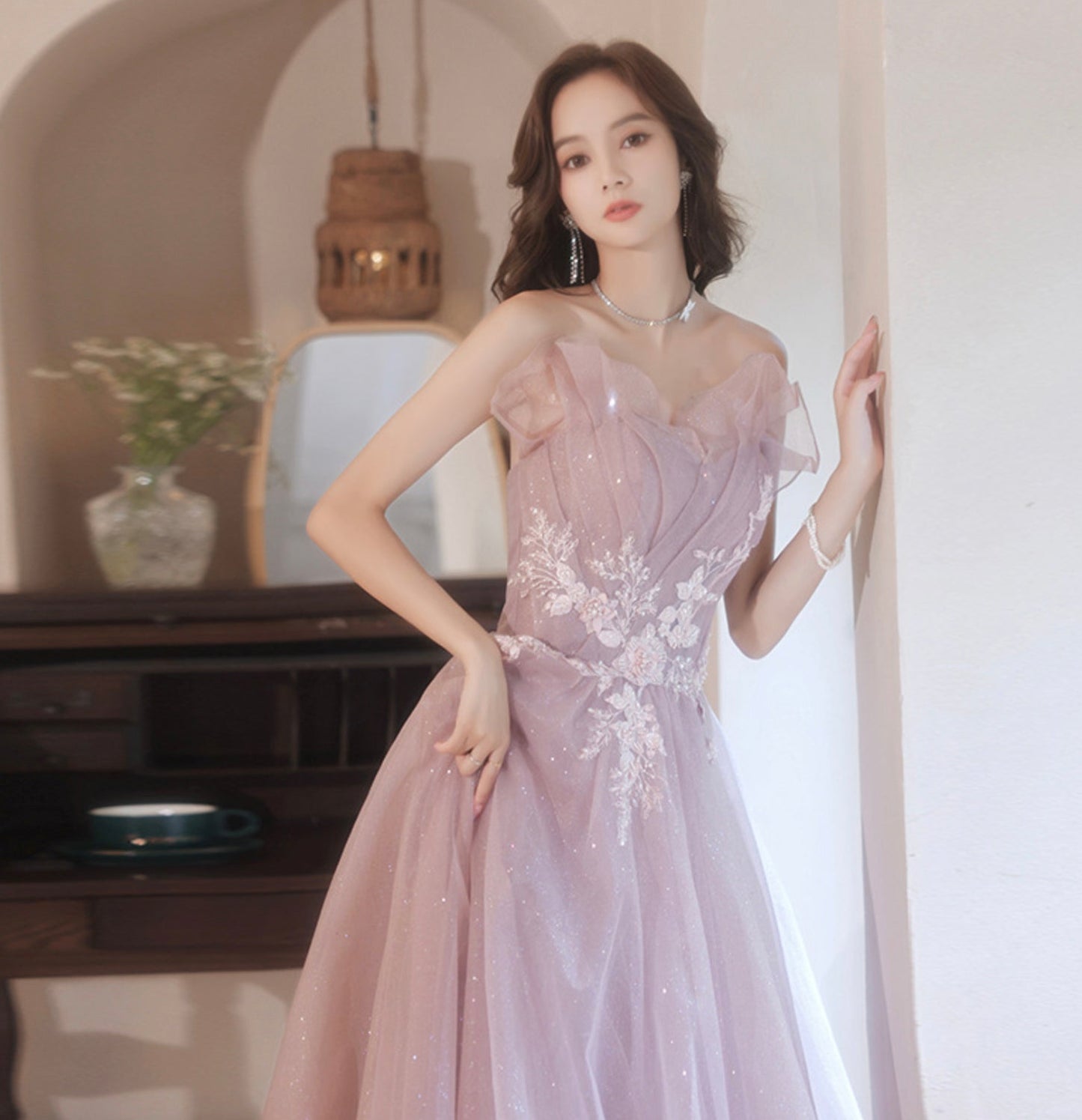 Pink tulle lace long A line prom dress evening gown 8952