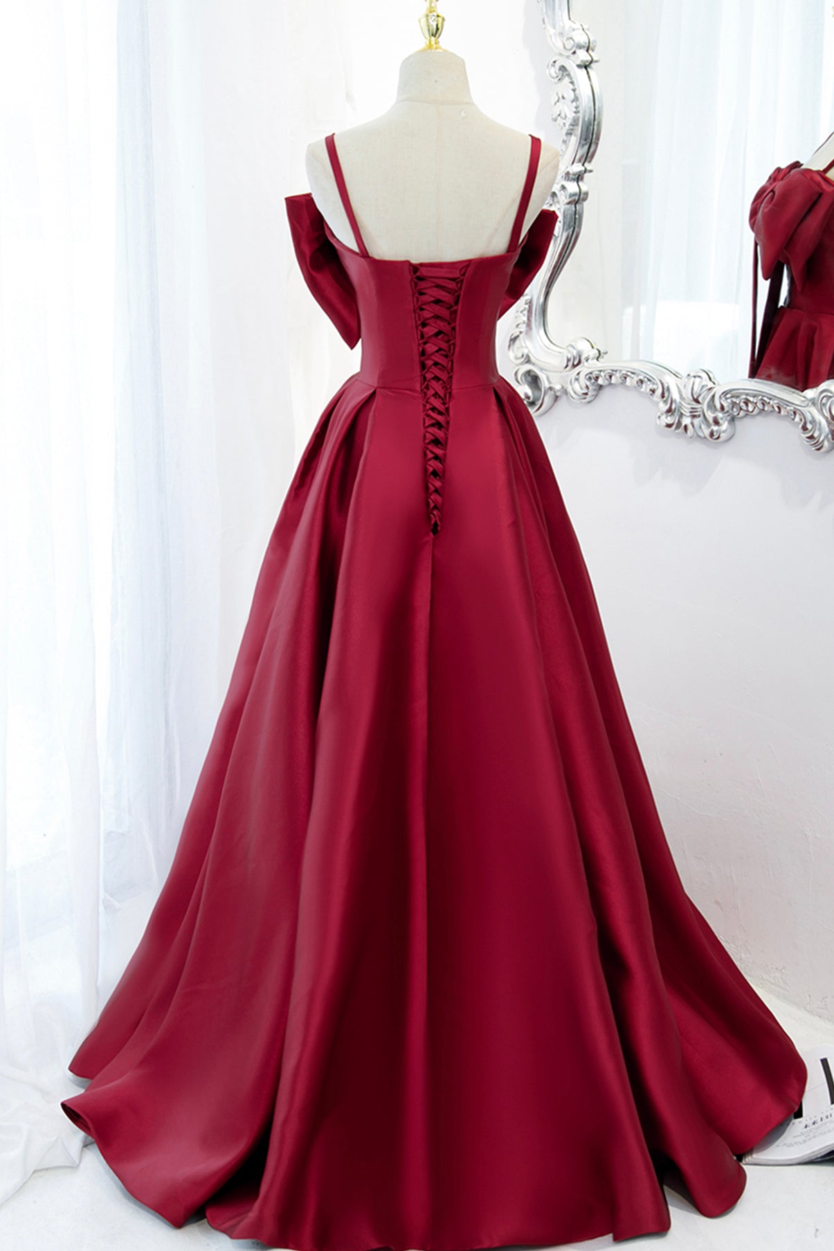 Burgundy satin long A line prom dress evening dress 8825