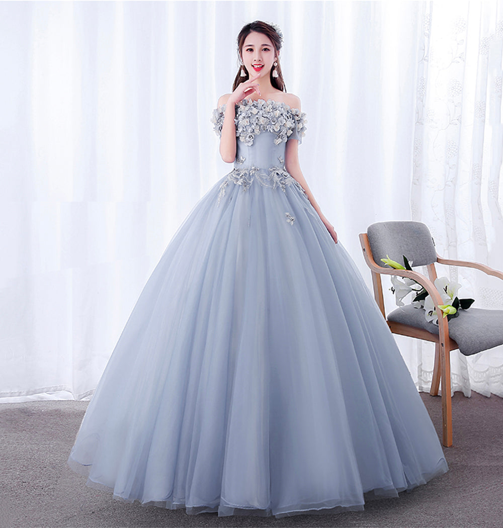 A line tulle applique long prom dress evening dress 8625