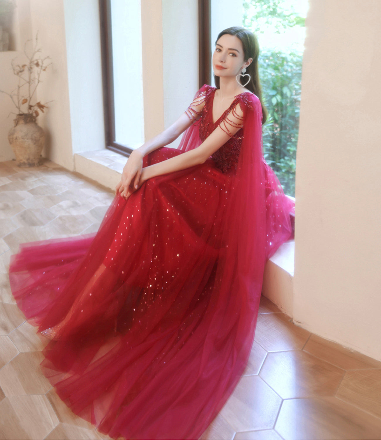 Red tulle beads long A line prom dress evening dress 8794