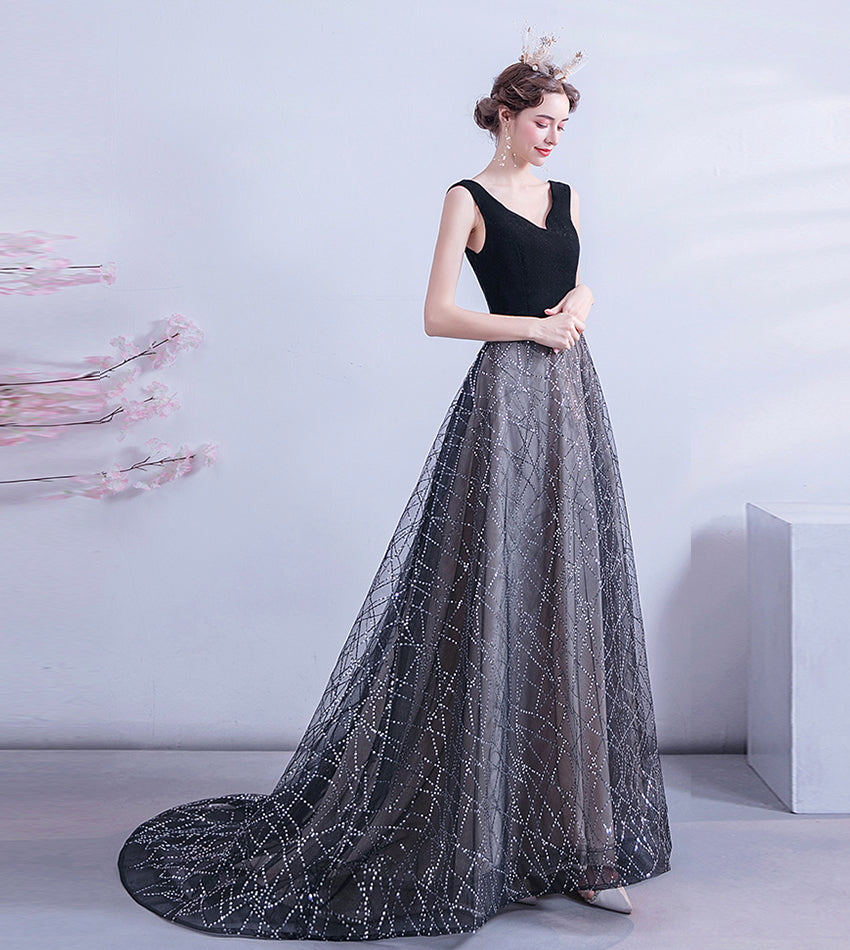 Black velvet sequins long prom dress formal dress 8450