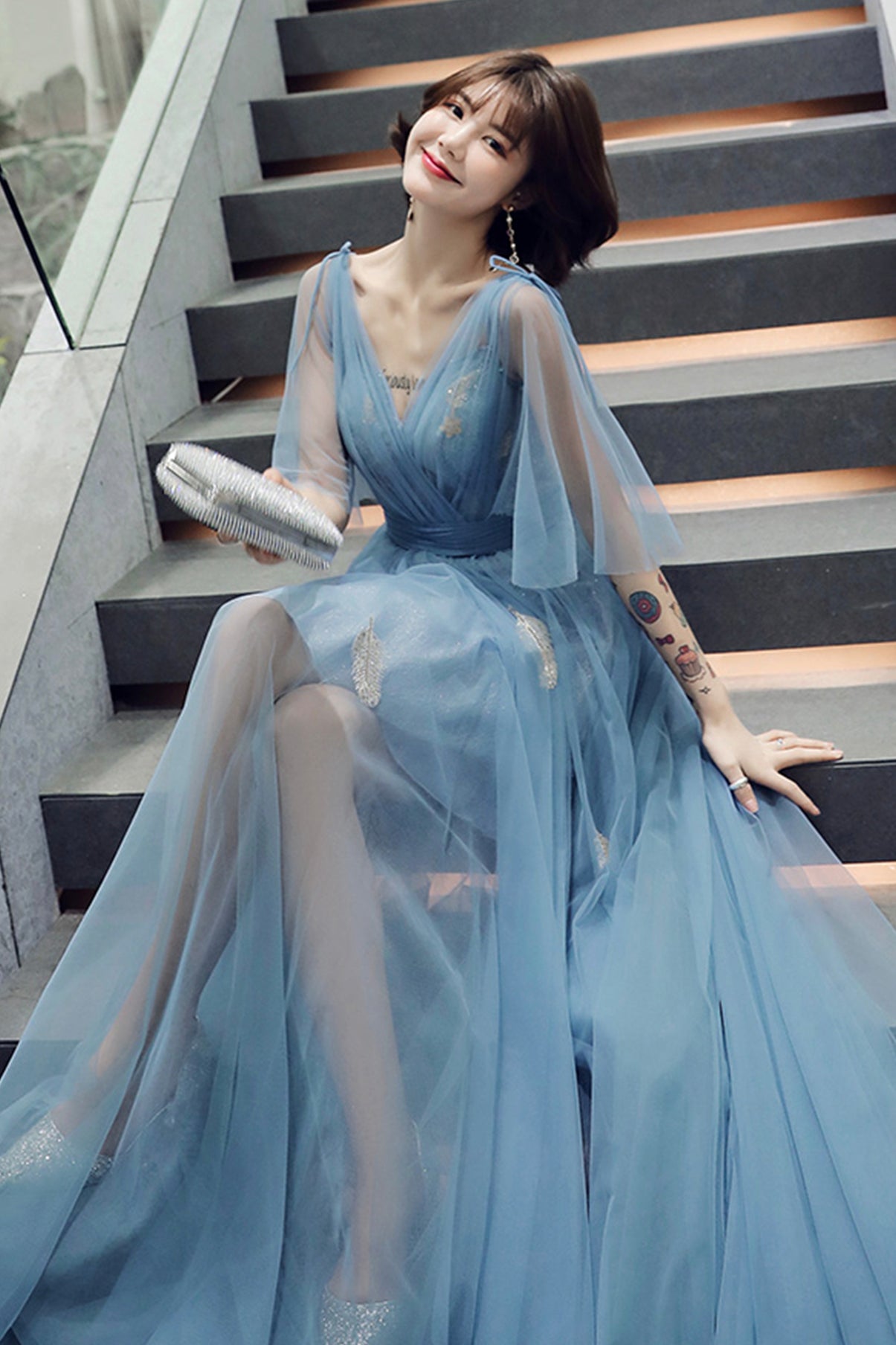 Blue tulle long A line prom dress blue evening dress 8760