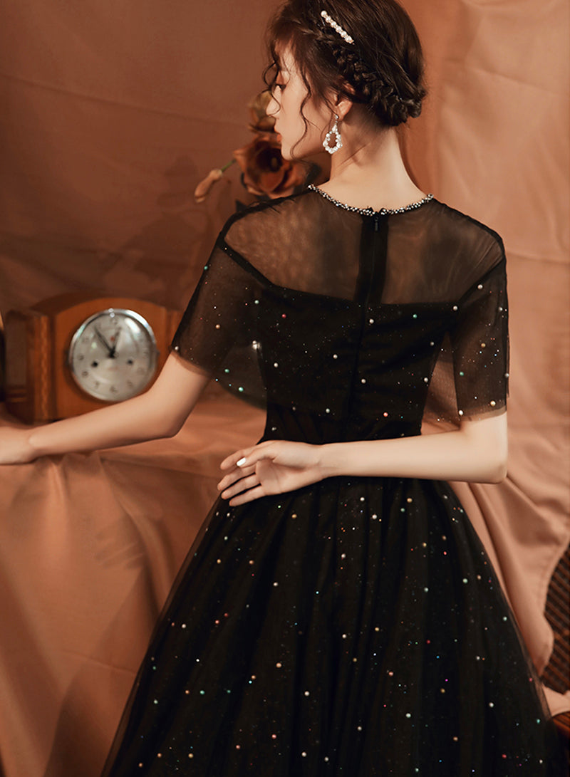 Black A line tulle long prom dress black evening dress 8559