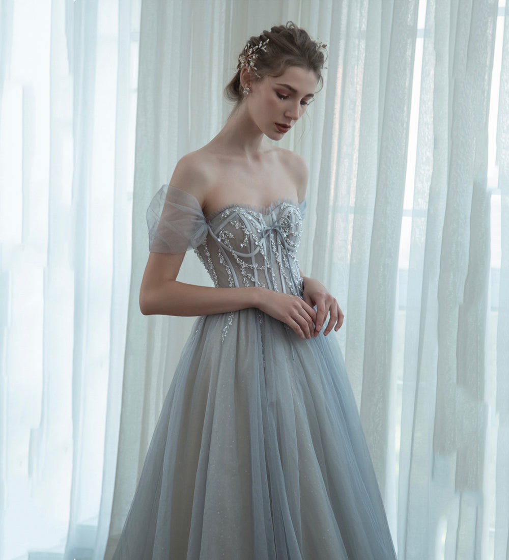 Grey tulle beads long prom dress evening dress 8498