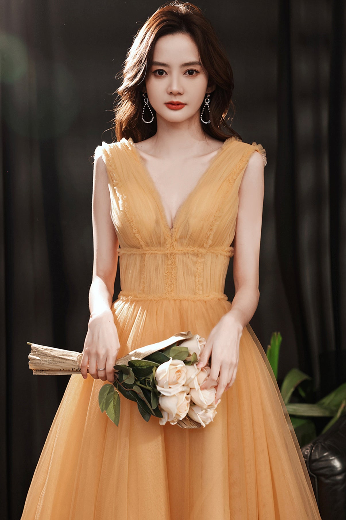 Yellow tulle tea length prom dress evening dress 8780