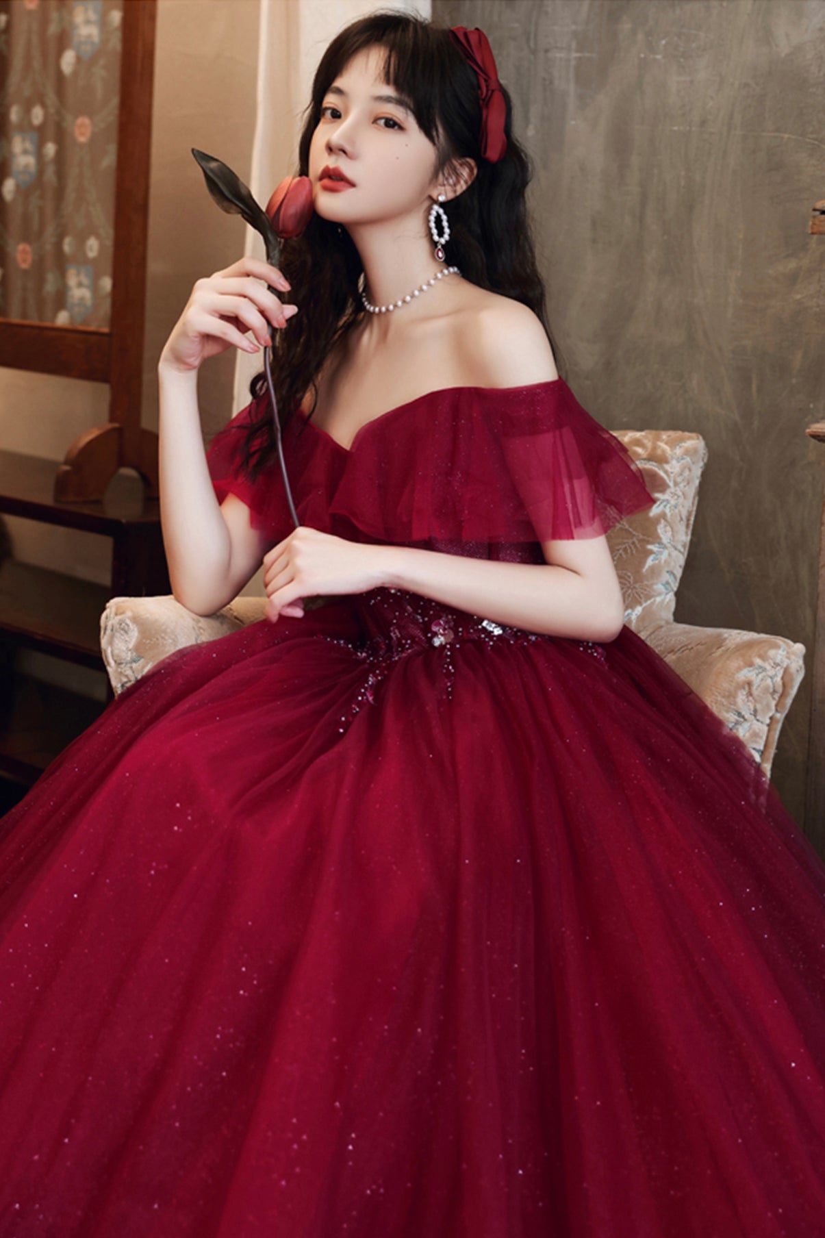 Burgundy tulle long A line prom dress evening dress 8687