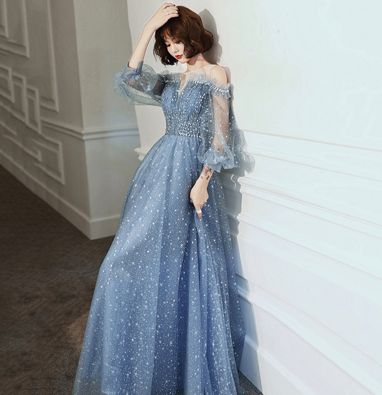 Blue tulle long prom dress A line evening gown 8955
