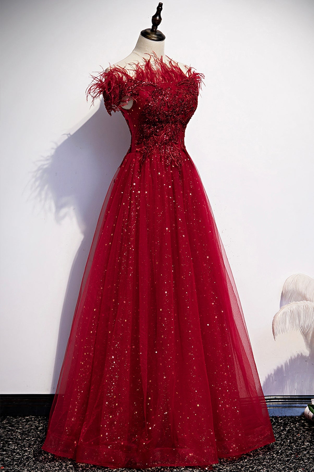 Burgundy tulle sequins long A line prom dress evening dress 8710
