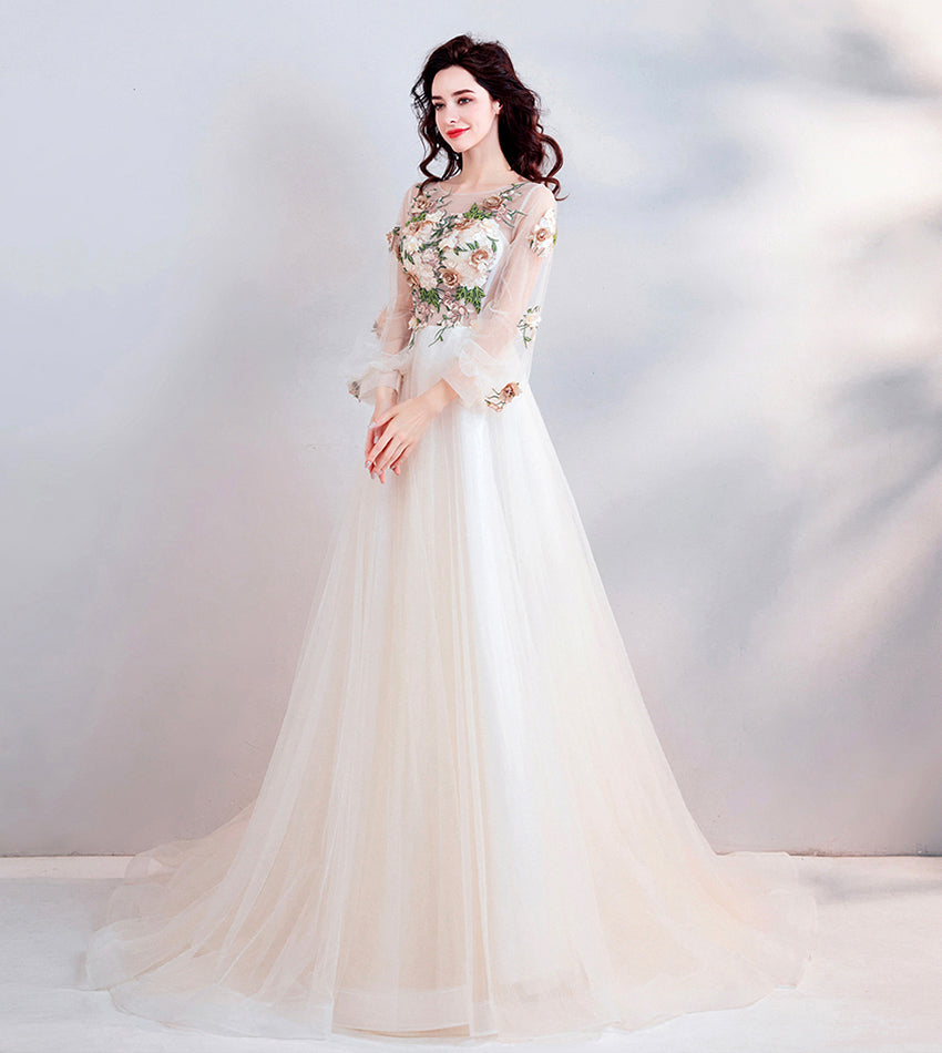 Light champagne lace long prom dress evening dress 8451