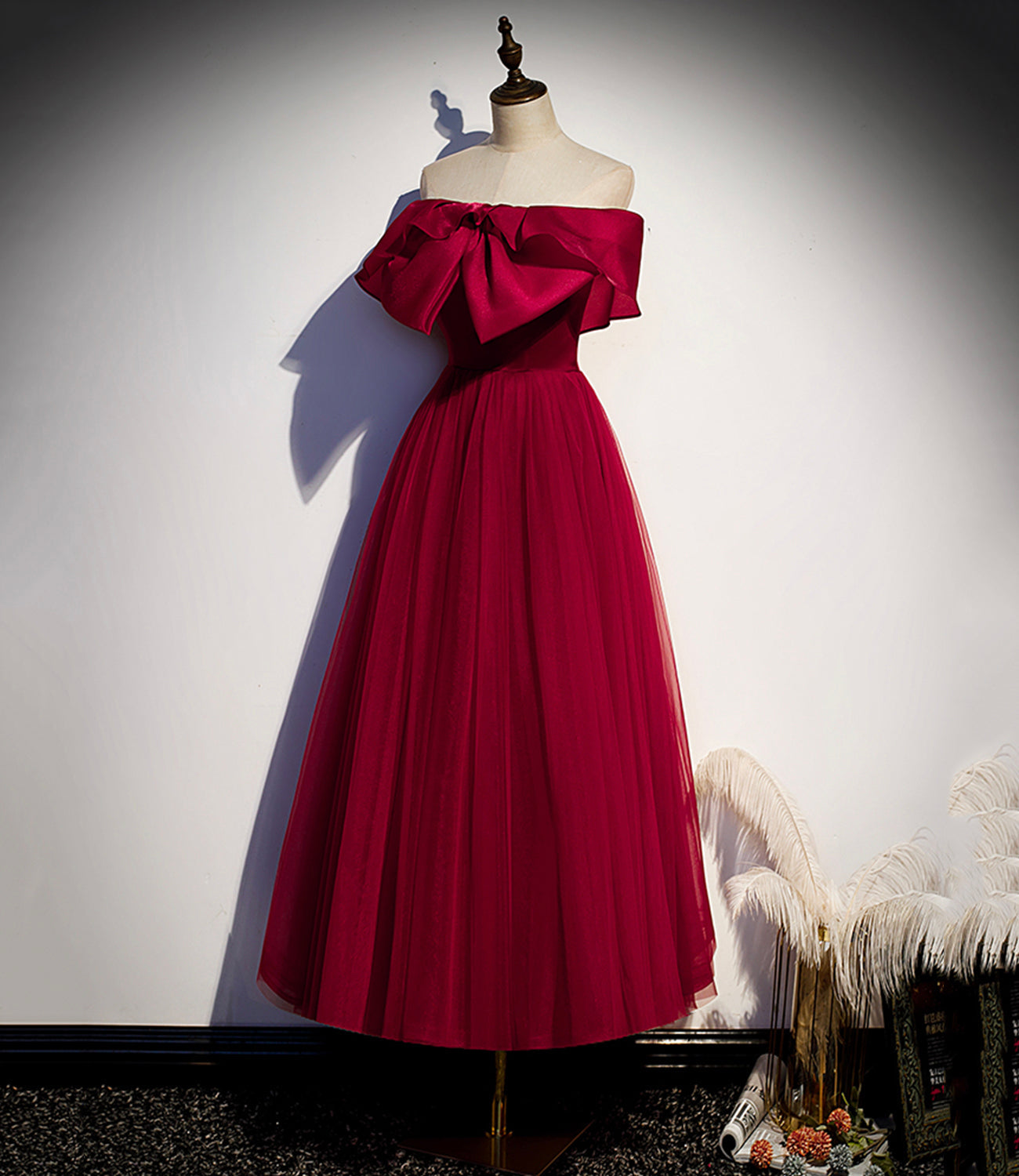 Burgundy tulle short A line prom dress party dress 8838