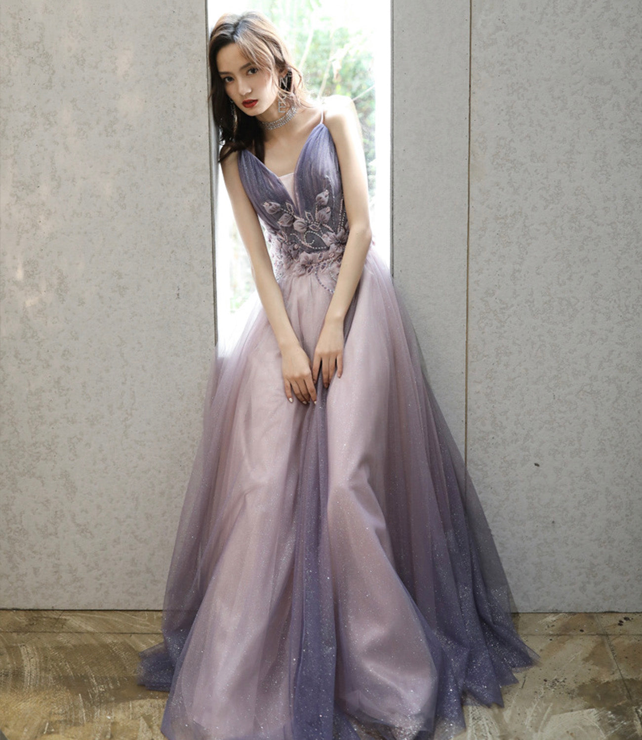 Purple tulle long A line prom dress purple evening dress 8926