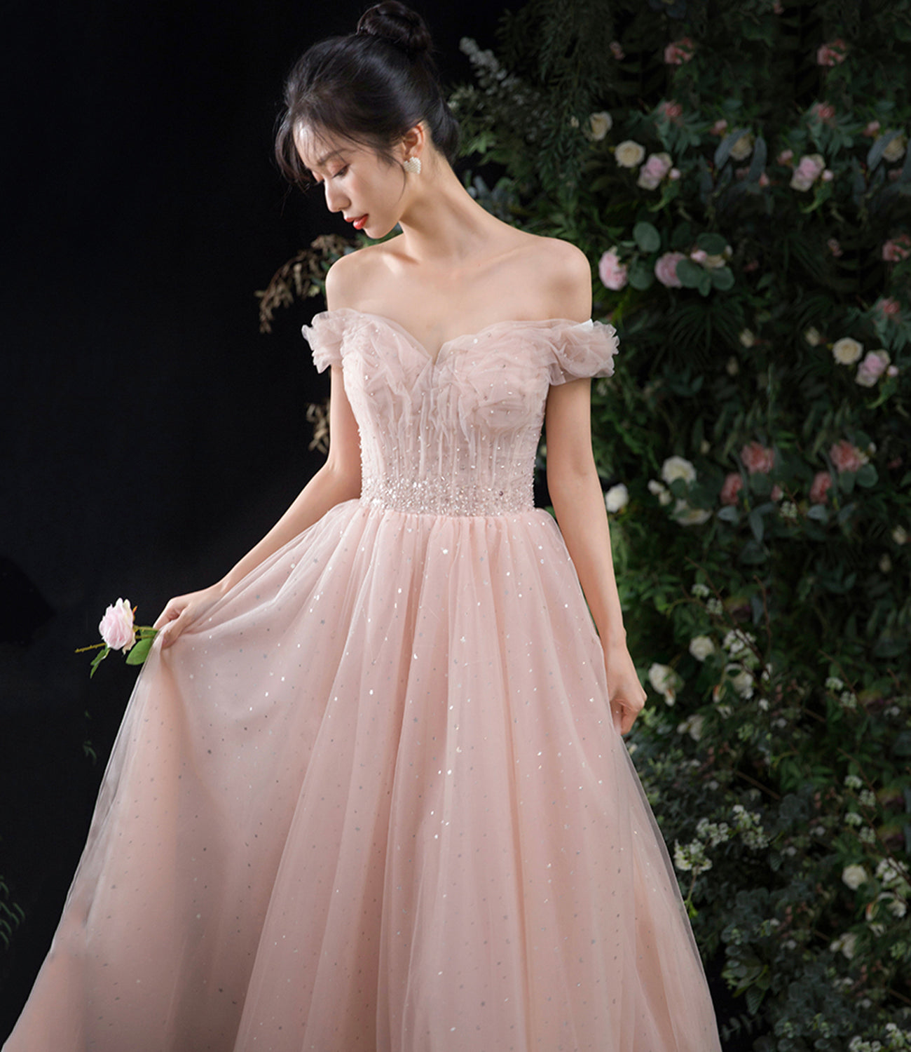 Pink tulle long A line prom dress pink evening dress 8891