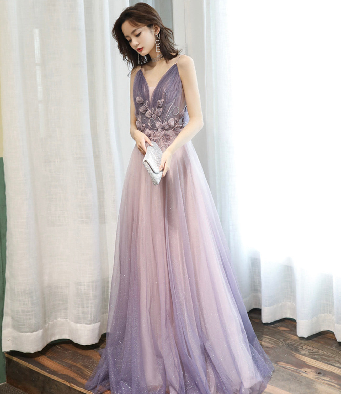 Purple tulle long A line prom dress purple evening dress 8926