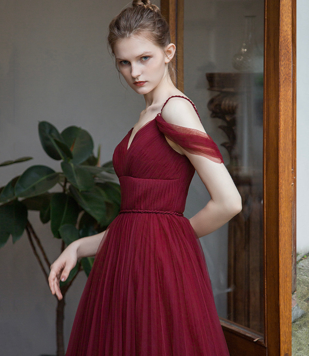 Burgundy tulle long prom dress simple evening gown 8941